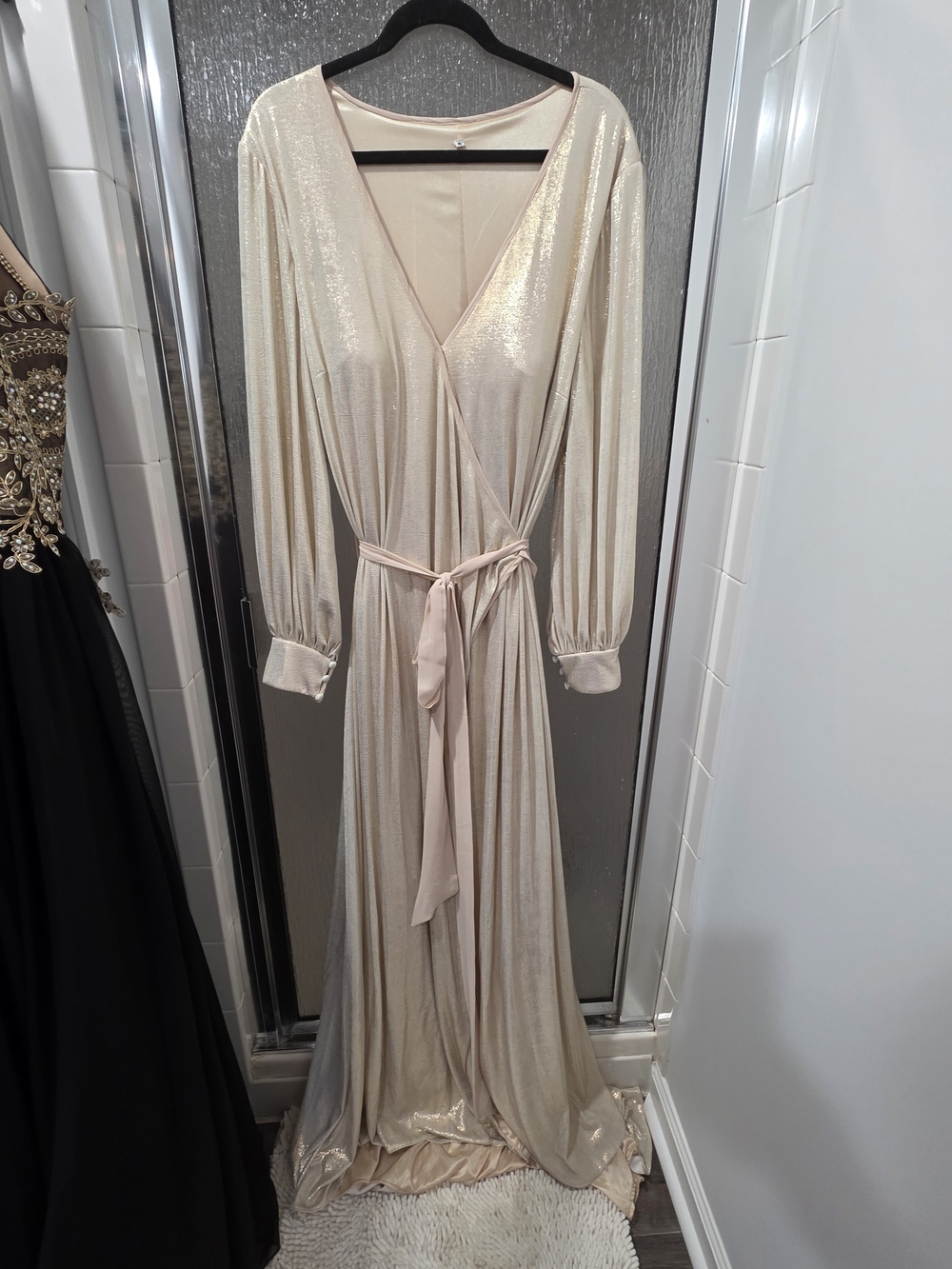 Sydney's Closet Champagne Shimmer Wrap Maxi Dress - Long Sleeve